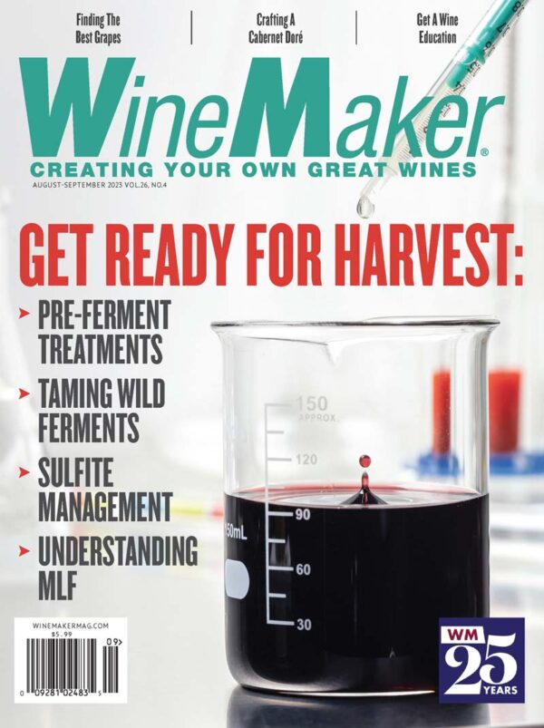 August-September 2023 cover image with a beaker of wine seeing an addition with a graduated syringe