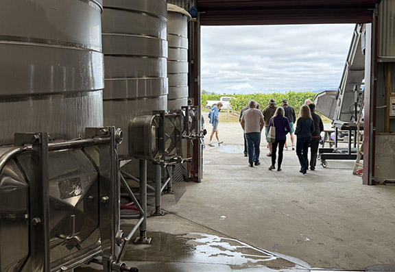 A group of people walks outside of a winery into a vineyard.