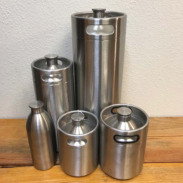 five different mini-kegs of various sizes for half gallon to five gallons