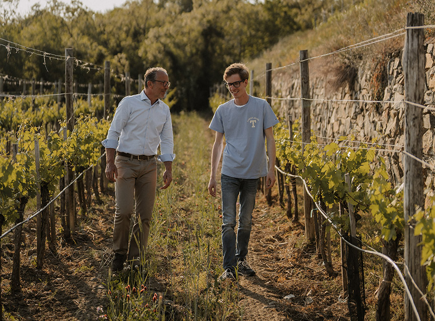 Two men talk while walking between grape vines.