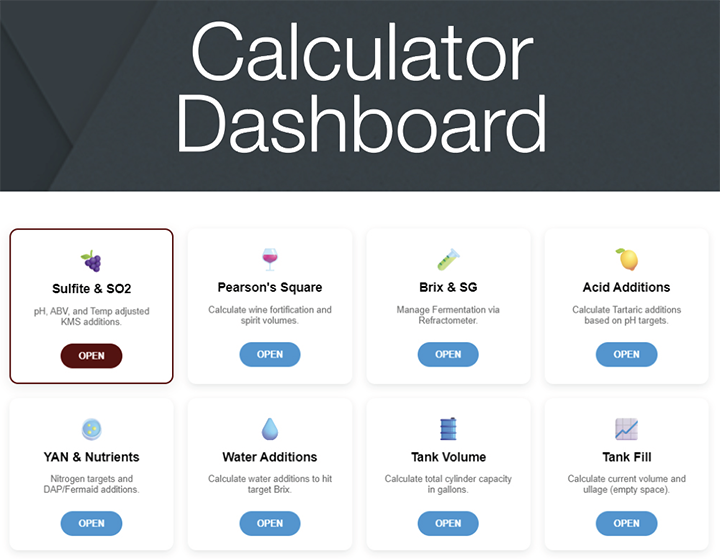Screenshot of winemaking calculator dashboard.