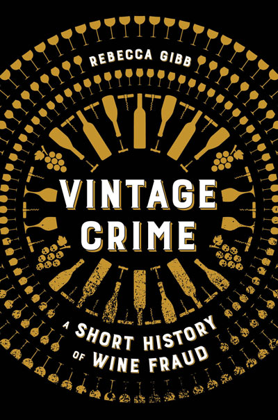 cover for vintage crime book with a ring of wine bottles, glasses, and grape clusters