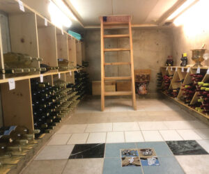 A basement wine storage room with several different storage compartments for different wines