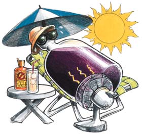 Glass carboy filled with red wine lounging under a beach umbrella and wearing sunglasses.