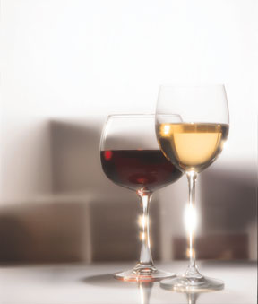 Glasses of red and white wine.